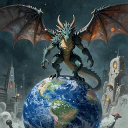 an alien dragon demigod descending from outer space to consume the earth, by dan seagrave art