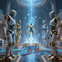 cult of technology, scifi temple, machines, robots, ultra realistic, golden computers, blue, white, highly detailed, atmosphere, masterpiece, epic lighting, glowing wires, mysterious, illuminated, 4 k, cinematic, art by patryk olkiewicz and chris ostrowski and liang yao