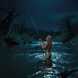 fantasy movie frame, panorama, a shining achilles fishing in the magic river styx, at night, magic, stanley kubrick movie, wide shot, surreal, deep