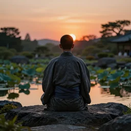 ant view of a zen master symetrical body, in a beautiful kimono quietly sitting in a rock garden overlooking a pond of lilly pads during a sublime sunset, one sun, his dark silhouette completely obscured by bokeh, colorful masterpiece photography,