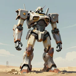a giant robot standing on top of a sandy beach, concept art by zoltan boros, shin hanga style, trending on artstation, altermodern, dystopian art, parallax, angular, rust, degradation, ruan jia
