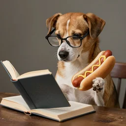 a dog with glasses, reading, with one paw on the book and the other holding the hot dog, by berthe moriso