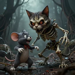an epic action concept masterpiece of demented skeletal cat and mouse, inspired by sd ai and zdzislaw beksinski, digital art, horrific cinematic lighting, 4 k