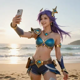 lulu from league of legends taking a selfie with a iphone on the beach, high resolution, golden hour, sun is shining