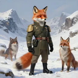 anthropomorphic furry regal fox wearing modern military gear in a snow mountain pass, character design, painting by gaston bussiere, craig mullins, j. c. leyendecker, tom of finland