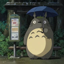 A female Retzling with short blond air, standing with Totoro at a japanese bus stop, holding an umbrella, in the dark forest, rainy night, film screenshot, Studio Ghibli, Hayao Miyazaki,trending on artstation, —TEST