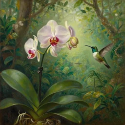 painting of an odontoglossum orchid and a hummingbird in front of a jungle landscape by martin johnson heade