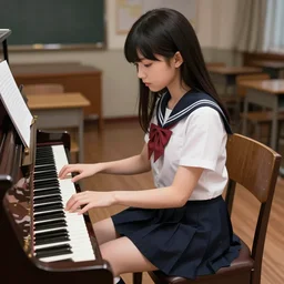 school girl playing piano, school uniform, seifuku, pleated miniskirt, overknee socks, battle angel alita. by rembrandt 1 6 6 7, illustration, by konstantin razumov