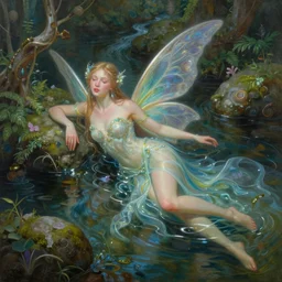a painting of a very beautiful fairy by ross tran, highly detailed, fantasy, radiant lighting, intricate environment, nature, swimming in the stream