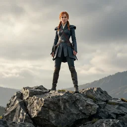 katniss everdeen stands atop a large rock with rio below