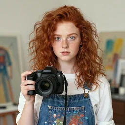 a professional dslr 8 5 mm portrait of a teenage white girl with frizzy red hair, round green eyes, a freckled face, paint - stained overalls, a creative theme, artist, portrait by annie leibovitz, highly detailed, beautiful