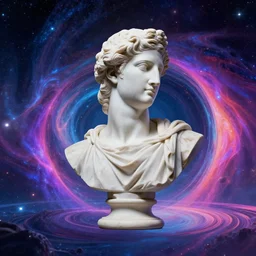 3 d sci - fi cgartist rendering of a hyper realistic marble greek statuary bust floating in space, at the vast pulsating interdimensional fractal space portal at the psychedelic vaporwave ombre event horizon by chris moore, by edward hopper, by col price, trending on artstation