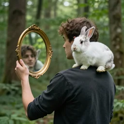 photo of a man holding a mirror in a forest with a bunny on his shoulder