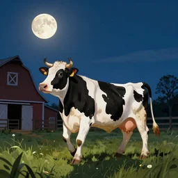 A COW DANCING ON A BARN IN THE MOONLIGHT THAT IS ENJOYING A CUP OF TEA