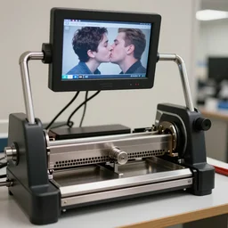 a guillotine with a kiss cam screen above it, realistic photography, high detailed