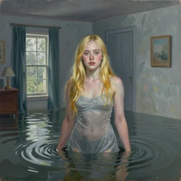 painting of Elle Fanning in a flooded house interior, by metaphysical style