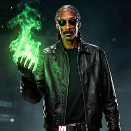 Snoop Dogg starring as a futuristic Marvel Super Hero holding green fire for a 2019 Marvel Movie poster, epic portait