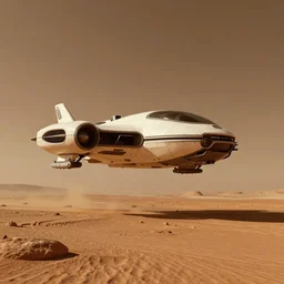 A futuristic flying vehicle hovering the surface of Mars, wide angle, low angle shot, mood lighting, Behance, 3d digital art in the style of Oblivion movie