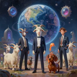 a painting of very well dressed goats, cyberpunk art by android jones and mike beeple winkelmann, dachshund blobfish, the universe is a spheroid region 7 0 5 meters in diameter, dream palace, cute animals and magic portals, cinematic, highly detailed, blender 3 d, trending on cgsociety, 3 d render, rendered in octane