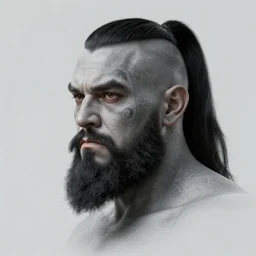 a grey giant with face tattoos, sides of head shaved with black ponytail, black beard, realistic shaded, fine details, realistic shaded lighting poster by greg rutkowski, magali villeneuve, artgerm, jeremy lipkin and michael garmash and rob rey