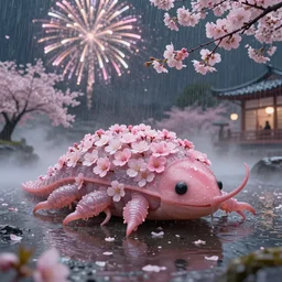 a beautiful floral sakura japanese tardigrade!!! at a fireworks sakura festival. rainy, dreamlike art, mist, realistic shaded, fine details, 4 k realistic, cryengine, realistic shaded lighting poster by greg rutkowski, magali villeneuve, artgerm, jeremy lipkin and michael garmash and rob rey
