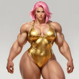 painted realist portrait of thick rugged roided sensual female bodybuilder zarya from overwatch wearing swimsuit gold paint by ruan jia greg rutkowski, [ short pink hair ] clear face majestic muscular physique beautiful powerful handsome robe fantasy intricate elegant detailed digital painting concept art artstation sharp focus illustration