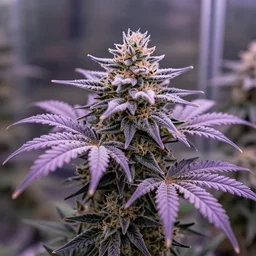 marijuana plant, photography, double - exposure, frosty purple good quality nugs, photo taken inside of grow tent