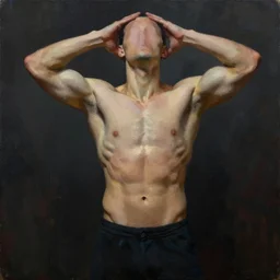 one!!! athletic man posing dramatically with no face, by conrad roset, dark background, oil painting trending on artstation