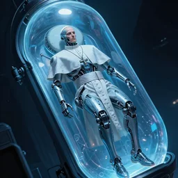 the son of the pope as a futuristic xenomorphic cyborg, foating in a isolation cryogenic tubes, cyberpunk, biomechanical, night lighting, blue color, intricate details, hyper realistic, graphic novel color scheme