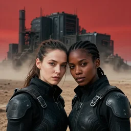 cinestill 5 0 d photographic portrait of two loving clones, women wearing rugged black techwear on a desolate plain with a red sky, closeup, diverse species, cyberpunk, in front of a brutalist dark metal facility, dust storm, 3 5 mm, 8 k, depth of field, high resolution, ultra realistic faces, beautiful faces