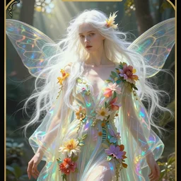 hyperrealist portrait of a lithe androgynous male fairy, long white hair, wearing diaphanous iridescent robes decorated with vibrant flora, bloom lighting effect, god rays, by alphonse mucha, by bouguereau, fantasy art, photo realistic, artstation, poster.