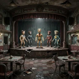 concept art by greg rutkowski of the interior of anold dilapidated ice cream parlor that has 5 broken down animatronics on a stage, broken tables, stained walls, ominous, awe inspiring, horror