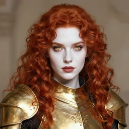 full portrait of beautiful lady knight, golden armor, face details, gorgeous curly red hair, white skin, lipstick, golden eyes, high fantasy, extremely detailed, sharp focus, smooth, by zeronis, rossdraws, artgerm