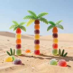 desert oasis made of gummy candy, 8 5 mm bright - light photography,