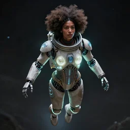beautiful afrofuturistic himba woman, otjize glowing spacesuit, robotic arms, weightless in space, hyperrealistic, scifi, concept art, digital art, portrait, dark, muted colors
