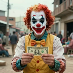 A clown holding a dollar banknote, background is a slum, cinematic, epic, highly-detailed, photo realistic