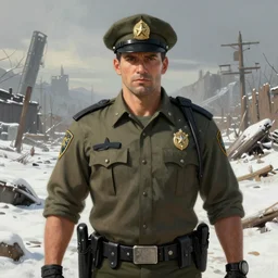 A comic book style portrait painting of a male sheriff in a a post apocalyptic winter landscape, unreal 5, DAZ, hyperrealistic, octane render, RPG portrait, ambient light, dynamic lighting
