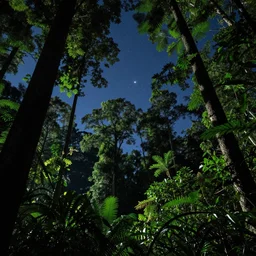 a photograph of a rainforest at night, star shining in space, highly detailed, sharp focus, cinematic, hyperrealism, photorealistic