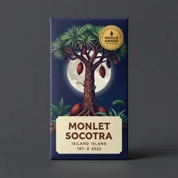 conceptual chocolate bar packaging, design has a theme inspired by moonlit socotra island, cacao pods growing on dragon trees, label design, behance, packaging of the world, award, front label, packaging design, craft