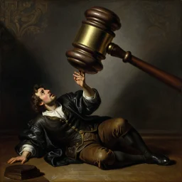 a dramatic oil painting of a man on the floor trembling with fear in the shadow of a massive judge hammer above him, highly detailed, dramatic lighting, baroque, oil on canvas, vivid
