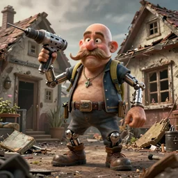 grumpy chunky bald handyman with mechanical drill arms, walrus moustache, in a wrecked home, full body, hyperrealistic digital art masterpiece, highly detailed neo pop surrealism, jason limon kay sage hannah yata, dramatic lighting, low angle, uhd 8 k, sharp focus