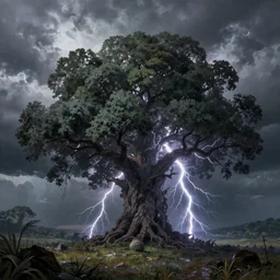 a beautiful painting of a huge tree of storm, foliage made of stormy clouds and lightnings, epic, fantasy, high definition, cinematic shot, natural volumetric light, artstation, ulrta detailed, 8 k