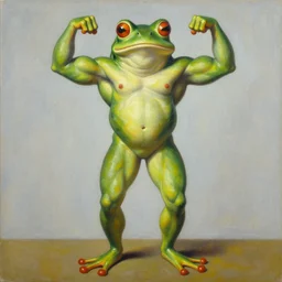 full body painting of a frog bodybuilder, oil on canvas, art by greg rutkowski and alphonse mucha