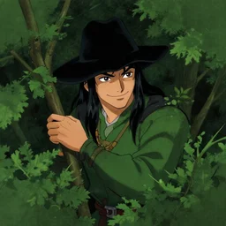 medieval young thief hiding in the bushes, smiling, long black hair, black hat and green clothes by stanley artgerm lau, wlop, rossdraws, frank frazetta, andrei riabovitchev, marc simonetti, tranding on artstation