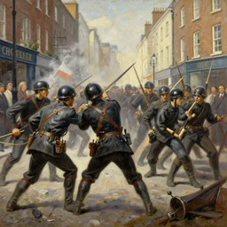 beautiful painting of the Irish 1916 Easter rebellion, soldiers are fighting in the streets of Dublin