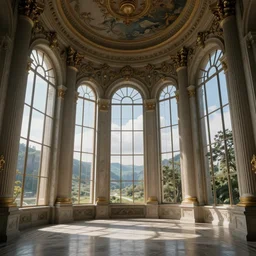 opulent sci fi palace interior huge arched windows in the style of piranesi visionary art