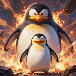Goku fighting a giant penguin, epic lighting, very detailed, many effects, penguin focus, far away shot, 4k