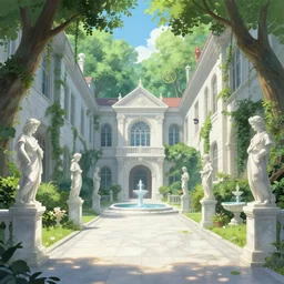 A college academy hallway in a beautiful elven city made of white marble, anime, lush trees, fountain, statues, a fantasy digital painting by Greg Rutkowski and James Gurney, trending on Artstation, highly detailed