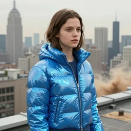 pilgrim vs. the world movie still girl look at the cityscape from roof perfect face fine realistic face pretty face reflective polymer suit tight neon puffy jacket blue futuristic sci - fi elegant by denis villeneuve tom anders zorn hans dragan bibin thoma greg rutkowski ismail inceoglu illustrated sand storm alphonse mucha