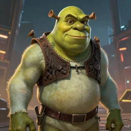 An epic cyberpunk comic book style portrait digital painty of a beautiful shrek, Apex Legends Concept Art, hyperrealistic, octane render, Mass Effect, dynamic lighting